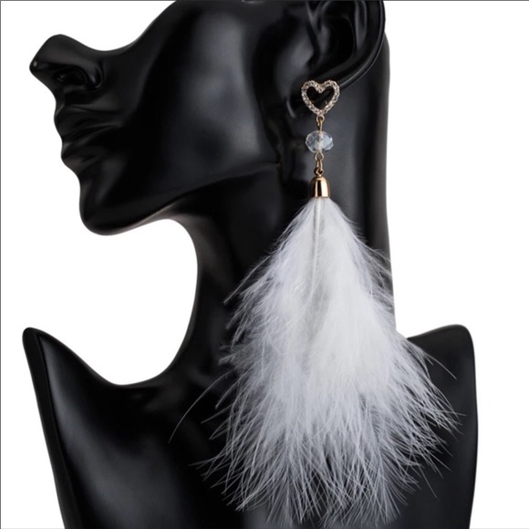 Jewelry - NEW Long White Feathered  Gold Heart Earrings